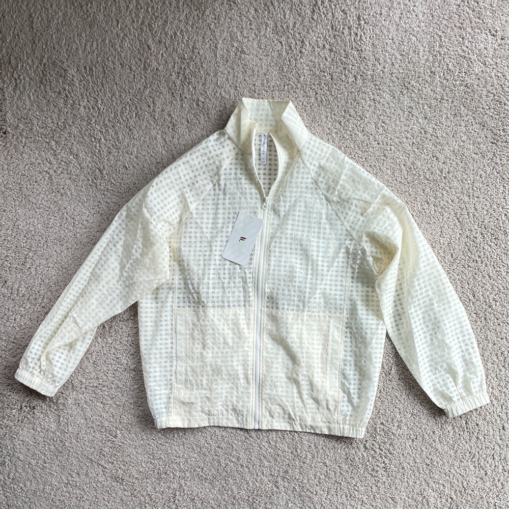 Fabletics Cleo Lightweight Jacket Size Small Oversized NEW Gingham Sheer Ivory